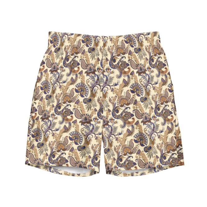 Beige Paisley Men's Swim Trunks: Quick-Dry Beach Swimwear