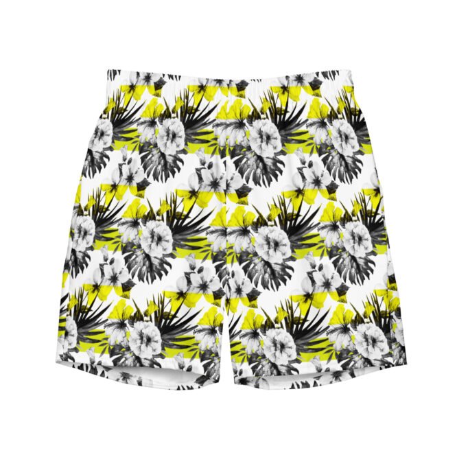 Mens Swim Trunk Black White Floral Print with Neon Yellow Stripe Modern Swimwear Beachwear Surf Training Pool Gift for Him