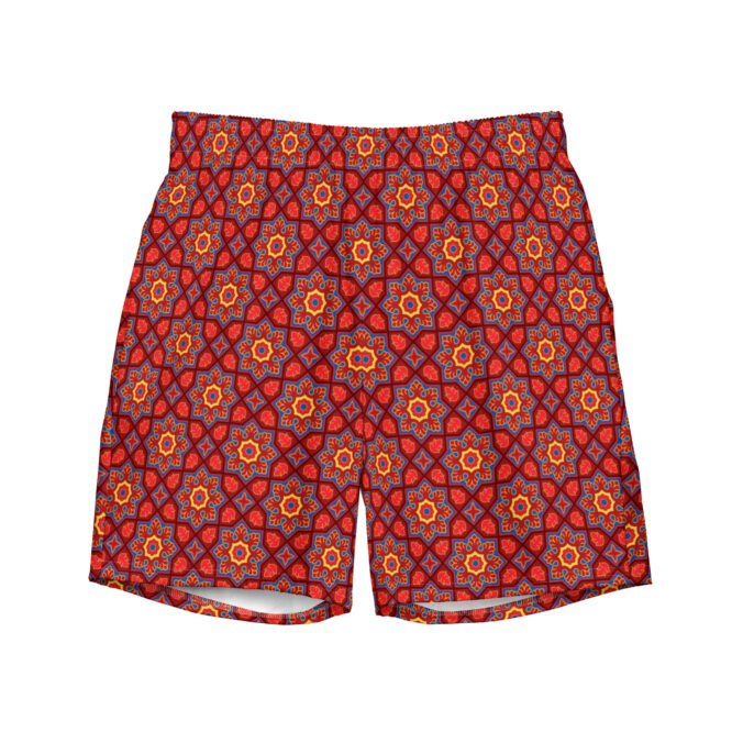 Moroccan Geometric Print Swim Trunks: Red & Yellow Boho Beachwear