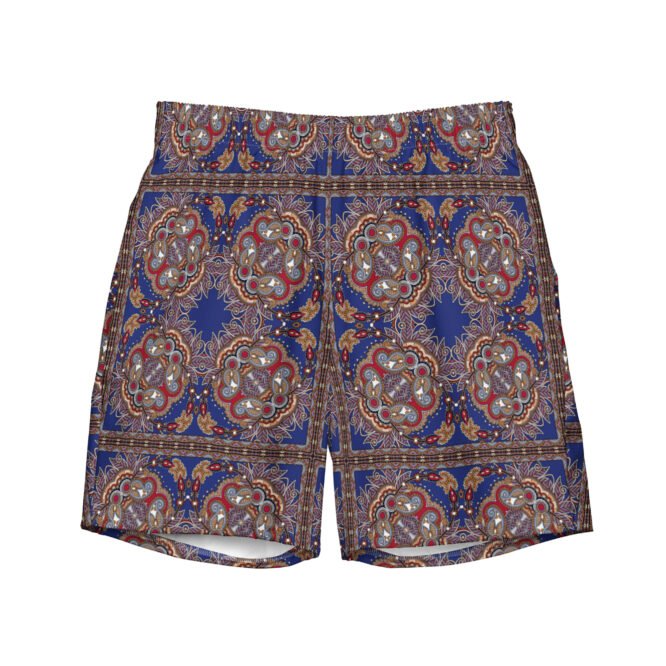 Dark Blue Bandana Print Swim Trunks: Mens Holiday Beach Shorts