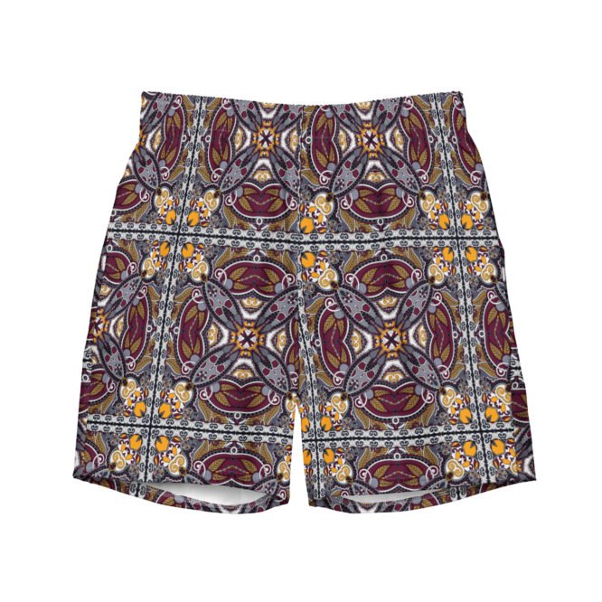 Mens Swim Trunk Gray Orange Beige Geometric Bandana Kaleidoscope Print Mediterranean Summer Elegant Beachwear Gift for Him