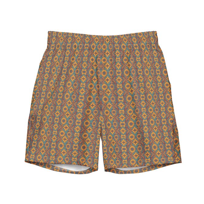 Mens Swimwear Trunks Mustard Yellow Green Geometric Print Stylish Elegant Trendy Beachwear Pool Party Surf Vacation Active Gift