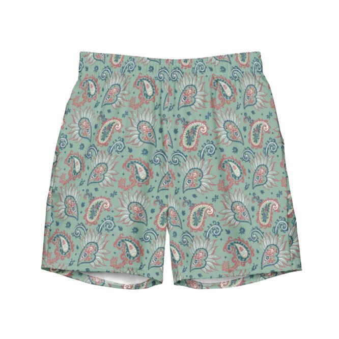 Green Paisley Men's Swim Trunks: Quick Dry Beach Shorts