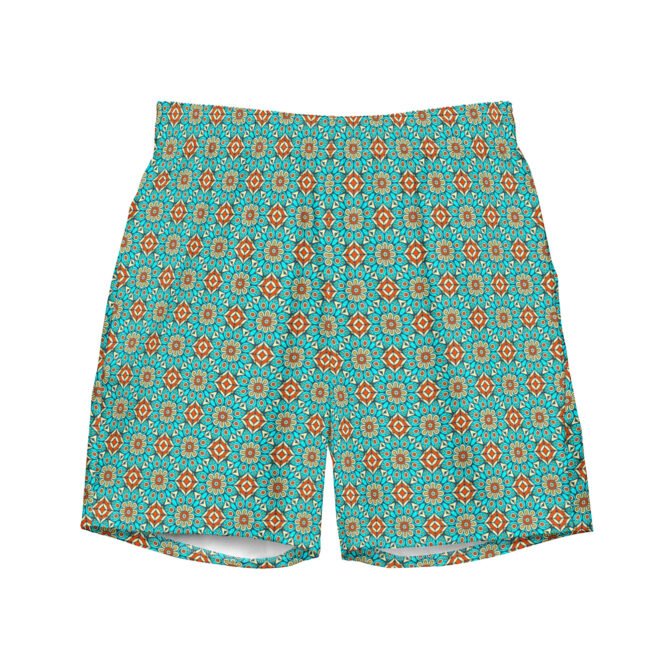 Mens Swim Trunk Green Aqua and Terracotta Geometric Minimal Style Mediterranean Summer Elegant Beachwear Gift for Him