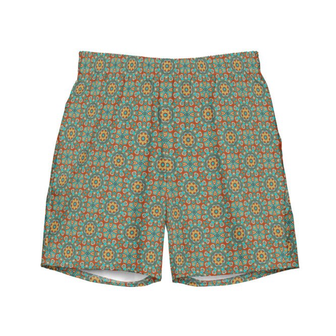 Mediterranean Mosaic Swim Trunks: Elegant Terracotta & Teal Beachwear