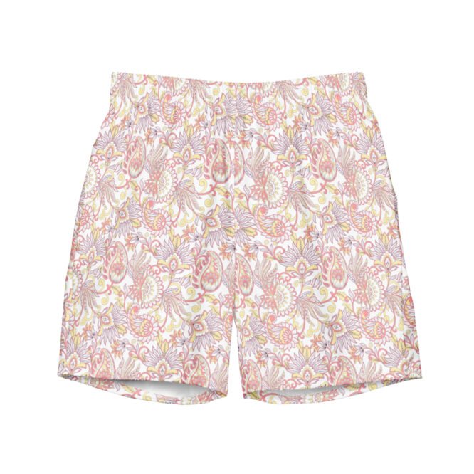 Men's Swim Trunks: Pink Indian Floral, Lightweight Beach Shorts