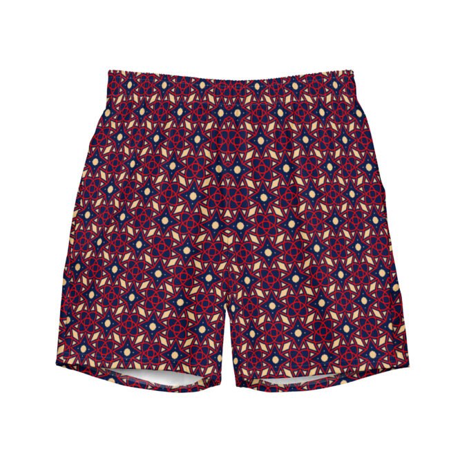 Mens Swim Trunk Red Blue Cream Art Deco Geometric Print Stylish Elegant Swimwear for Beach Surf Holiday Cool Summer Gift for Him