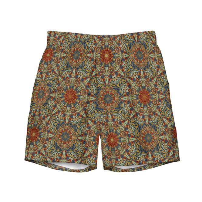 Mens Swim Trunk Sage Green Rust Orange Geometric Mosaic Design Mediterranean Summer Swimwear Gift for Him Dad Beach Vacation