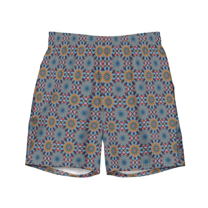 Mens Swim Trunk Grey Light Blue Mosaic Design Elegant Swimwear Stylish Summer Outfit Gift for Him Dad Perfect for Beach Vacation