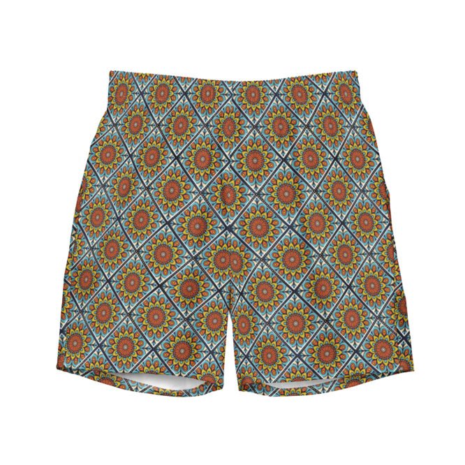 Mens Swim Trunk Light Blue Green Orange Geometric Oriental Design Elegant Summer Swimwear Gift for Him Dad Beach Vacation Style
