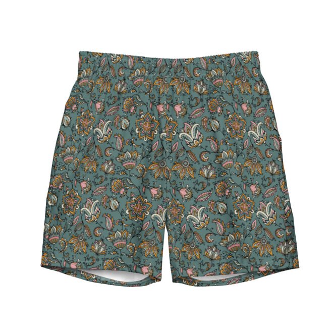 Men's Green Paisley Swim Trunks: Boho Beach Shorts