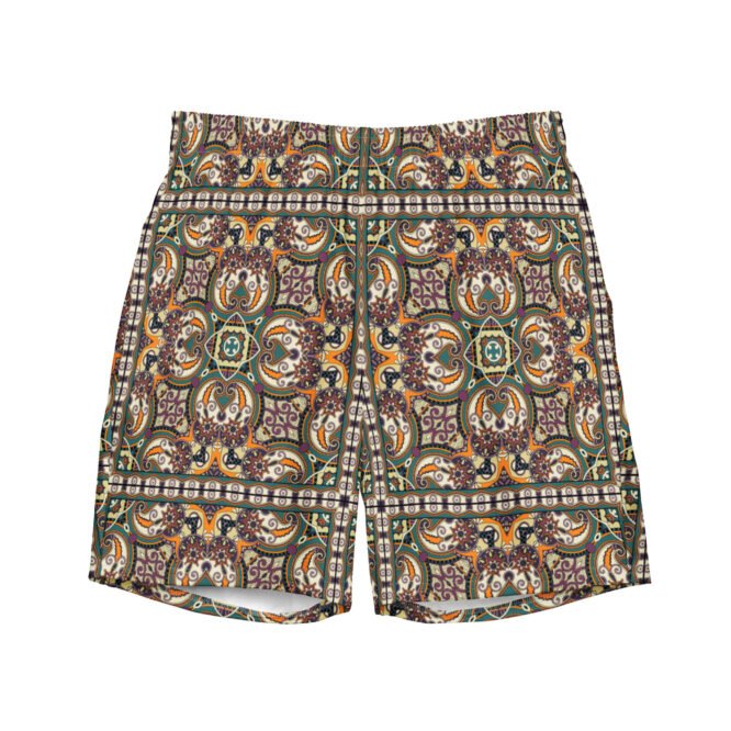 Mens Swim Trunk Mosaic Print Orange Green Boho Mediterranean Summer Style for Beach Surf Pool Holiday Exotic Gift