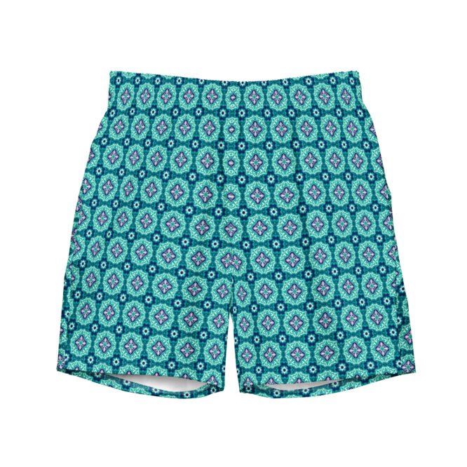 Mens Swim Trunk Aqua Green with Blue Oriental Geometric Design Elegant Stylish Swimwear for Summer Beach Pool Gift for Him