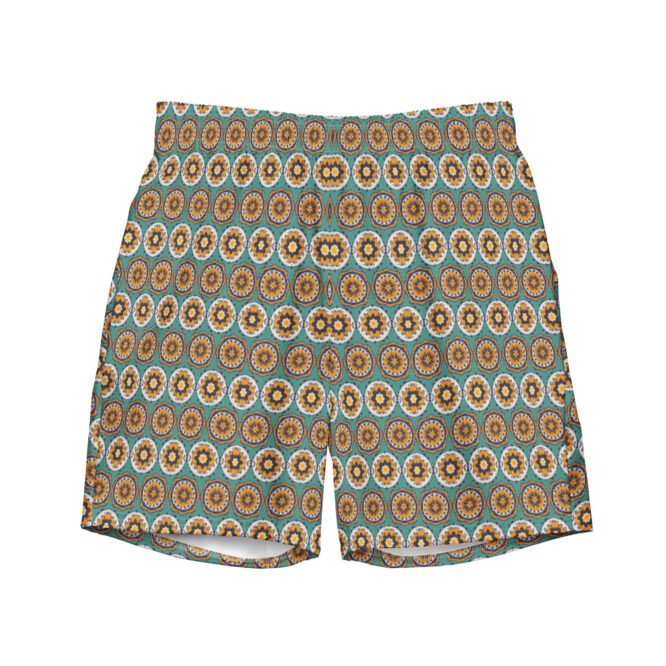 Mens Swim Trunk Mediterranean Summer Mosaic Design Blue Yellow Stylish Beachwear Gift for Him Vacation Pool Party Elegant Look