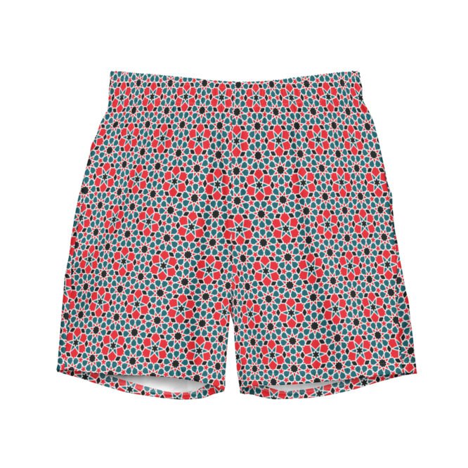 Mens Swim Trunk Red Green Mosaic Geometric Mediterranean Summer Swimwear Gift for Him Elegant Pool Beach Look Vacation Outfit