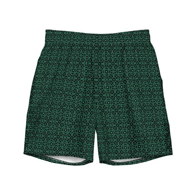 Men's Swim Trunks: Emerald Green Damask Print, Sophisticated Swimwear