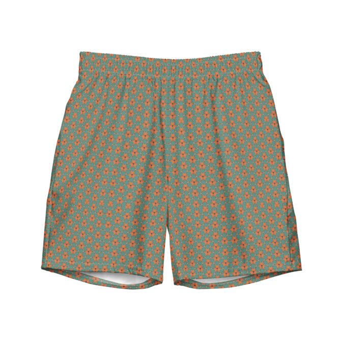 Men's Swim Trunks, Sage Green color with Geometric design, Italian Style Beachwear, Recycled Fabric, Stylish Pool, Promenade Outfit, surfing